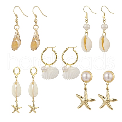 5 Pair 5 Style Natural Shell with Pearl Beaded Drop Earrings EJEW-TA00179-1
