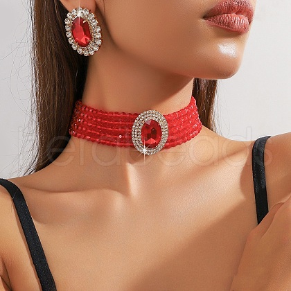Oval Brass & Glass & Plastic Pearl Beaded Chain Collar & Stud Earrings Sets FS-WG5CD09-01-1