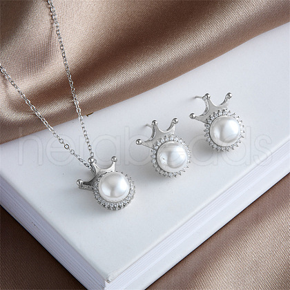 Crown Brass Micro Pave Cubic Zirconia & Imitation Pearl Pendant Nekclaces & Stud Earrings Sets FS-WG448F8-03-1