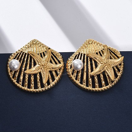 Shell Shape with Starfish 304 Stainless Steel Plastic Imitation Pearl Stud Earrings EJEW-Z109-04G-1