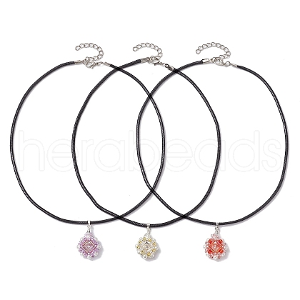 3Pcs 3 Colors Flower Glass Seed Beads & Acrylic Pendant Necklaces NJEW-MZ00044-1