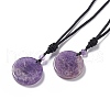 Natural Amethyst Flat Round with Hexagon Pendant Necklace with Nylon Cord for Women NJEW-P274-05-02-1