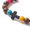 Dyed Synthetic Turquoise Cross & Wood Round Beaded Stretch Bracelet for Women BJEW-JB09276-5