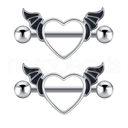 304 Stainless Steel Black Enamel Heart with Wings Nipple Rings WG099DC-01-1