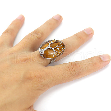 Copper Wire Wrapped Natural Tiger Eye with Alloy Finger Rings FS-WG01E85-06-1