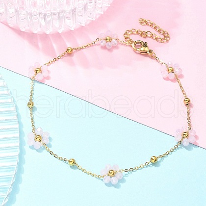 304 Stainless Steel & Synthetic Stone Daisy Flower Chain Anklets for Women AJEW-B031-01G-02-1