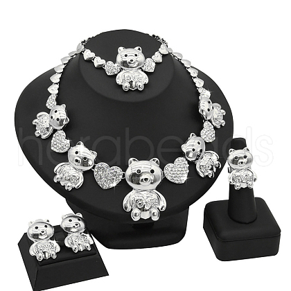 Bear Alloy Crystal Rhinestone Link Chain Necklace & Bracelet & Stud Earring & Rings Sets FS-WGE7BD9-02-1