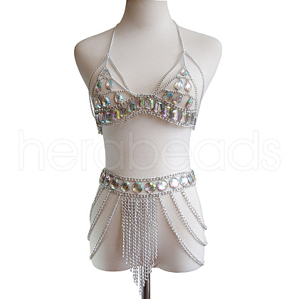 Alloy & Aluminium & Clear AB Acrylic Multi-Layered Chain Tassel Sexy Suit Body Chains for Beach Party FS-WG0776D-02-1