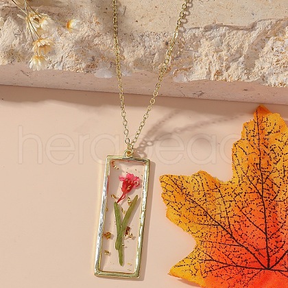 Rectangle with Inner Flower Resin Pendant Iron Cable Chain Necklaces for Women FS-WG0F8F1-03-1
