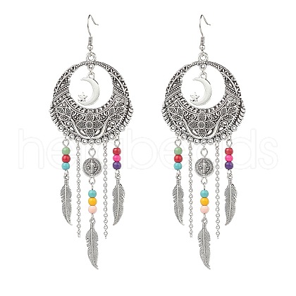Alloy Moon Web with Feather Chandelier Earrings EJEW-JE05120-1