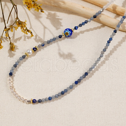 Faceted Round Natural Blue Aventurine(Dyed & Heated) & Glass & Flower Lampwork Beaded Necklaces for Women HR2207-1