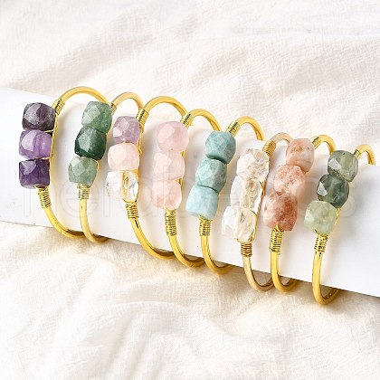 Natural Mixed Stone Beads Cuff Bangles for Women BJEW-Q035-01G-1
