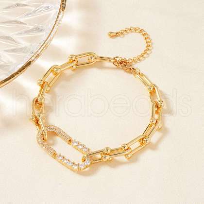 Brass Micro Pave Clear Cubic Zirconia Oval Link Bracelets for Women QD5529-2-1