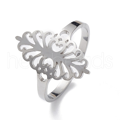 Non-Tarnish Hollow Out Leaf 304 Stainless Steel Open Cuff Ring for Women RJEW-E073-08P-1