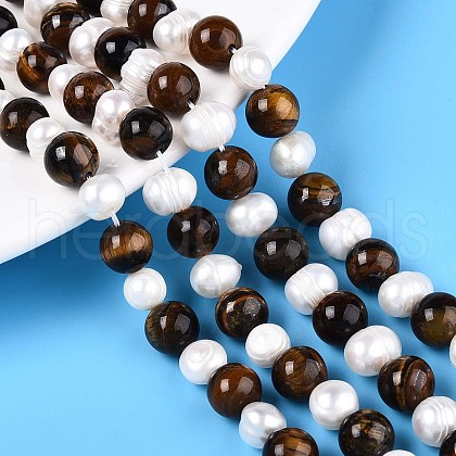 Natural Tiger Eye Round & Natural Cultured Freshwater Pearl Grooved Potato Beads Strands PEAR-N019-10-1