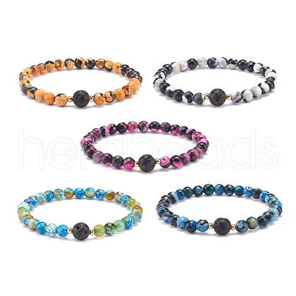 Natural Fire Crackle Agate & Lava Rock Stretch Bracelet BJEW-JB08362-1