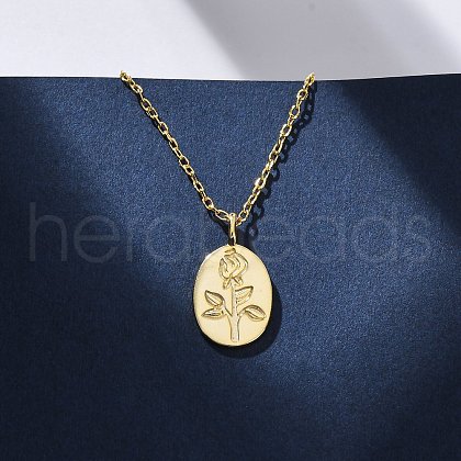 925 Sterling Silver Oval with Engraved Rose Flower Pendant Necklaces for Women NJEW-D316-03G-1