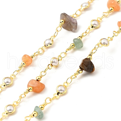 Natural Mixed Gemstone Chips & Glass Pearl Beaded Chains CHC-G017-12G-1