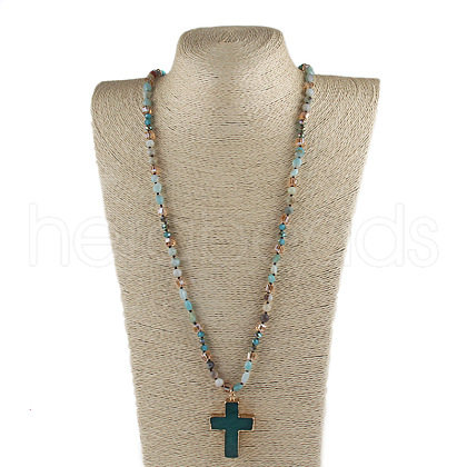Cross Bohemian Style Natural Flower Amazonite Pendant Glass Beaded Necklaces FS-WG0F67E-02-1