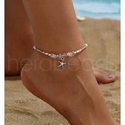 Natural  Rose Quartz Chip & Glass & Iron & Zinc Alloy Starfish Charm Anklets FS-WG7ED01-02-1
