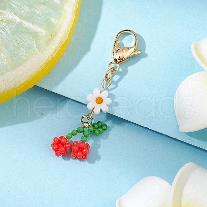 Cherry & Flower Glass Seed Beads Pendant Decoration HJEW-MZ00155-1