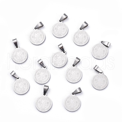 Non-Tarnish Flat Round with San Benito & Word 304 Stainless Steel Charms X-STAS-I036-03C-1