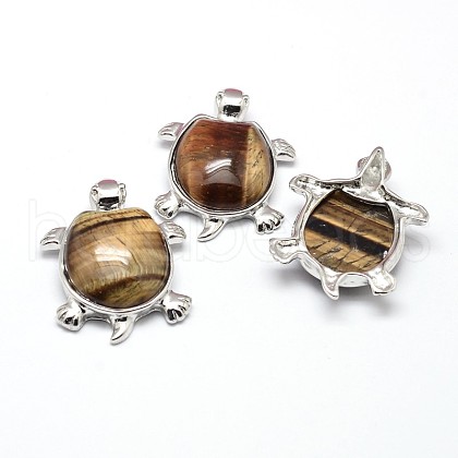 Tortoise Platinum Plated Brass Natural Tiger Eye Pendants G-F228-25C-RS-1