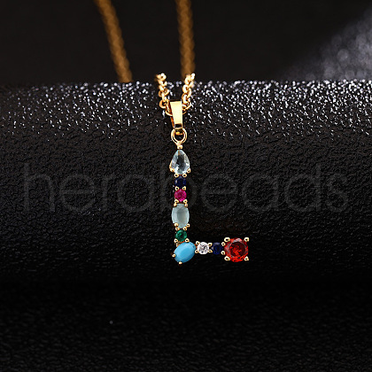 Brass Pave Colorful Cubic Zirconia Initial Pendant Necklaces for Women FS-WG659DF-12-1