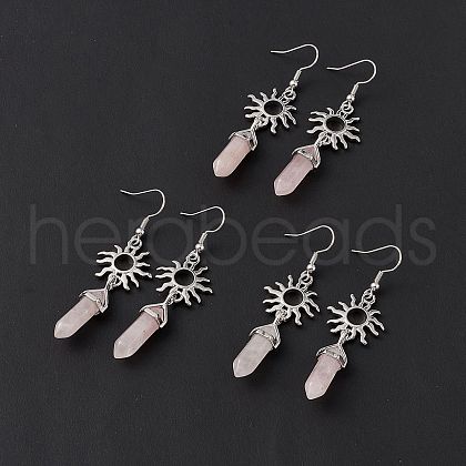 Natural Rose Quartz Bullet with Sun Dangle Earrings EJEW-I276-01P-19-1
