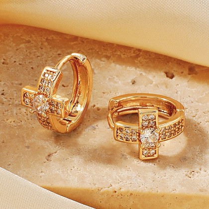 Elegant Cross Brass Pave Clear Cubic Zirconia Hoop Earrings HU5672-2-1