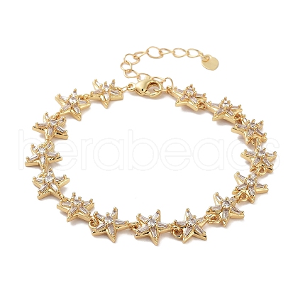 Rack Plating Brass Pave Clear Cubic Zirconia Star Link Chain Bracelets for Women BJEW-R317-11G-1