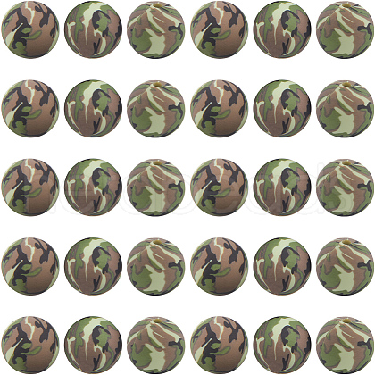 SUNNYCLUE 30pcs Round with Camouflage Pattern Silicone Focal Beads SIL-SC0002-03A-1