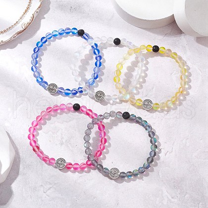 5Pcs Frosted Synthetic Round Moonstone Beads Stretch Bracelets for Men Women BJEW-JB11644-1