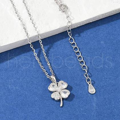 925 Sterling Silver Pave Clear Cubic Zirconia Clover Pendant Necklaces for Women NJEW-G168-01P-1
