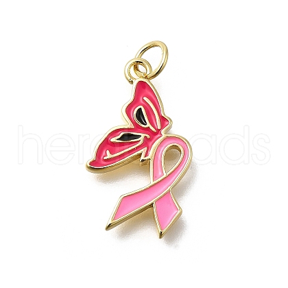 October Breast Cancer Pink Awareness Ribbon Brass Enamel Pendants KK-S517-04E-G-1