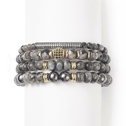 4Pcs 4 Style Natural Larvikite & Synthetic Hematite Stretch Bracelets Set with Cubic Zirconia Column Beaded BJEW-JB08830-1