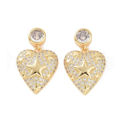 Clear Cubic Zirconia Heart with Star Dangle Stud Earrings EJEW-P224-10G-1