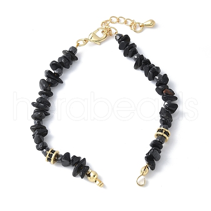 Brass Black Cubic Zirconia Disc and Natural Obsidian Chip Beaded Bracelet Making KK-F892-18G-1