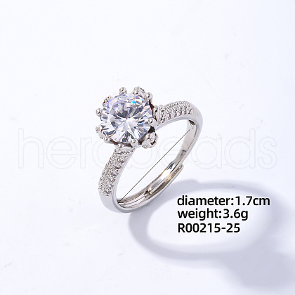 Mother's Day Rings Flat Round Platinum Brass Adjustable Ring with Cubic Zirconia EG7863-19-1