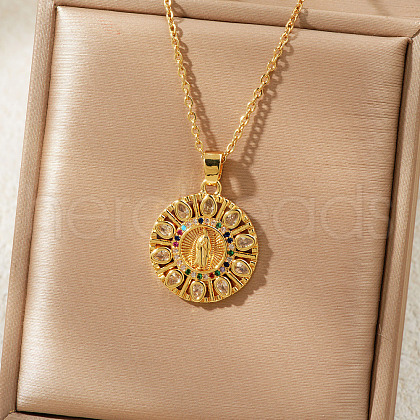 Vintage Brass Pave Cubic Zirconia Hollow Round Religion Virgin Mary Pendant Necklaces for Women EZ3168-2-1