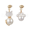 Cat Shape & Paw Print Brass Natural White Shell Dangle Stud Earrings EJEW-TA00644-2