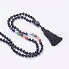 Natural Dyed & Heated Black Agate Tassel Pendant Necklaces NJEW-P193-B01-2