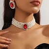 Oval Brass & Glass & Plastic Pearl Beaded Chain Collar & Stud Earrings Sets FS-WG5CD09-08-1