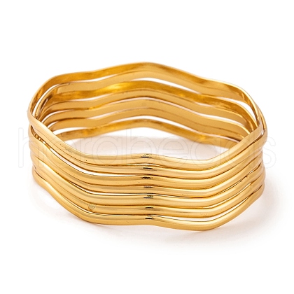 7Pcs PVD Vacuum Plating 304 Stainless Steel Wave Bangles Set for Women BJEW-A011-10B-G-1
