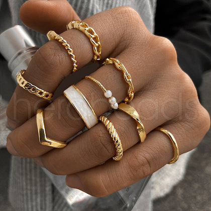 10Pcs Alloy with Plastic Pearl Oval Chain Finger Rings WGEFB3C-06-1