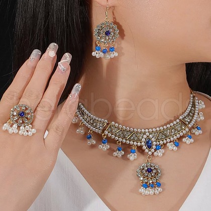 Flat Round Alloy & Rhinestone & Plastic Pearl Pendant Necklace & Dangle Earring & Ring FS-WG6E6AA-01-1