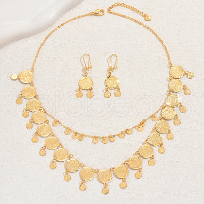 18K Gold Plated Brass Coin Round Pendant Necklace & Dangle Earrings Set for Women LI2511-1