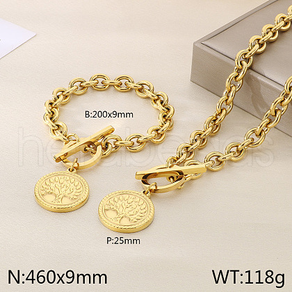 Flat Round with Tree of Life 304 Stainless Steel Pendant Necklaces & Charm Bracelets Sets FS-WG2A73C-04-1