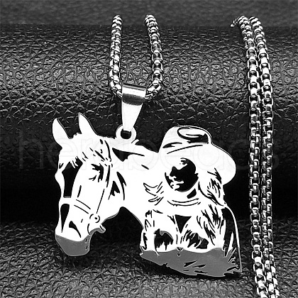 Horse & Cowboy 304 Stainless Steel Hollow Pendant Necklaces for Men Women NJEW-K283-15P-1