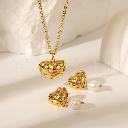 Hollow Heart Stainless Steel Stud Earrings & Pendant Necklaces Sets for Women FA1341-1-1